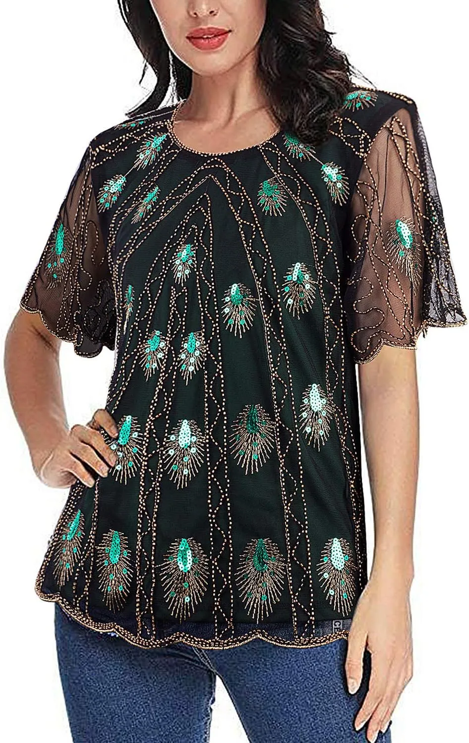 Vijiv Women's 1920s Vintage Beaded Evening Top Art Deco Scalloped Hem Peacock Sequin Embellished Blouse Tunic