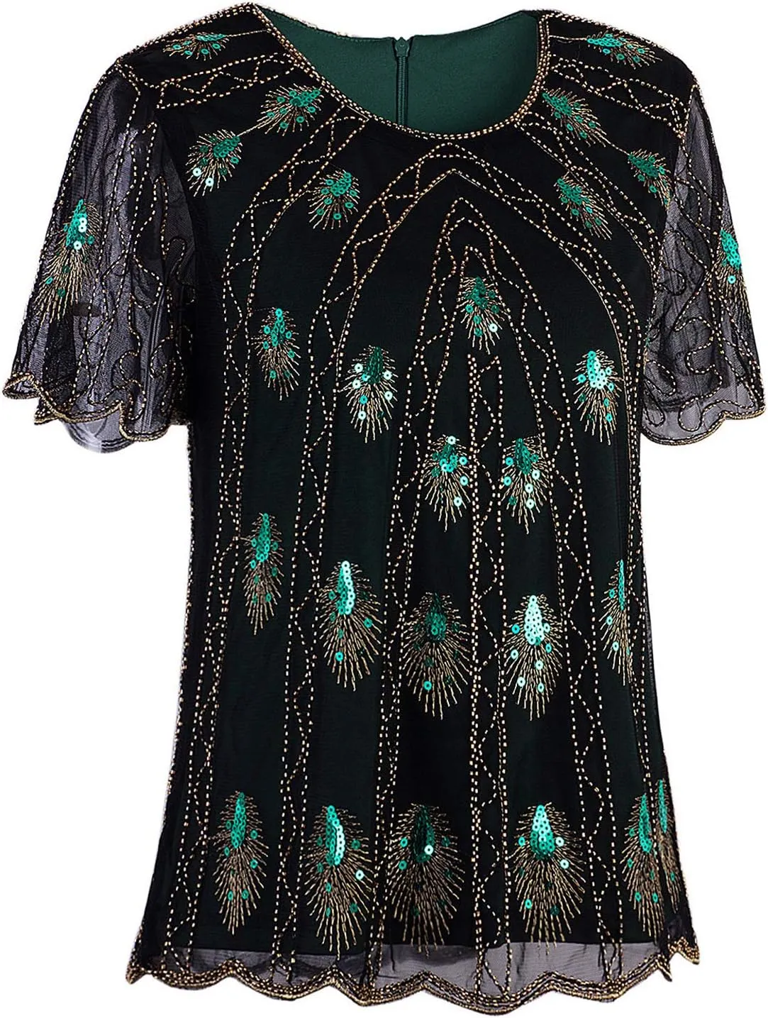 Vijiv Women's 1920s Vintage Beaded Evening Top Art Deco Scalloped Hem Peacock Sequin Embellished Blouse Tunic