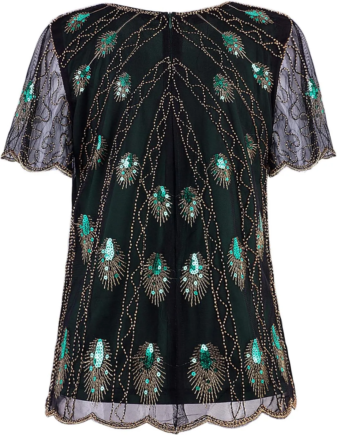 Vijiv Women's 1920s Vintage Beaded Evening Top Art Deco Scalloped Hem Peacock Sequin Embellished Blouse Tunic