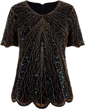 Vijiv Women's 1920s Vintage Beaded Evening Top Art Deco Scalloped Hem Sequin Embellished Blouse Tunic