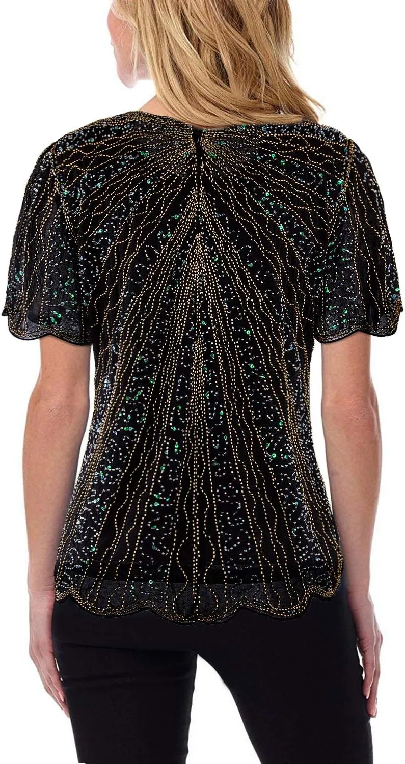Vijiv Women's 1920s Vintage Beaded Evening Top Art Deco Scalloped Hem Sequin Embellished Blouse Tunic