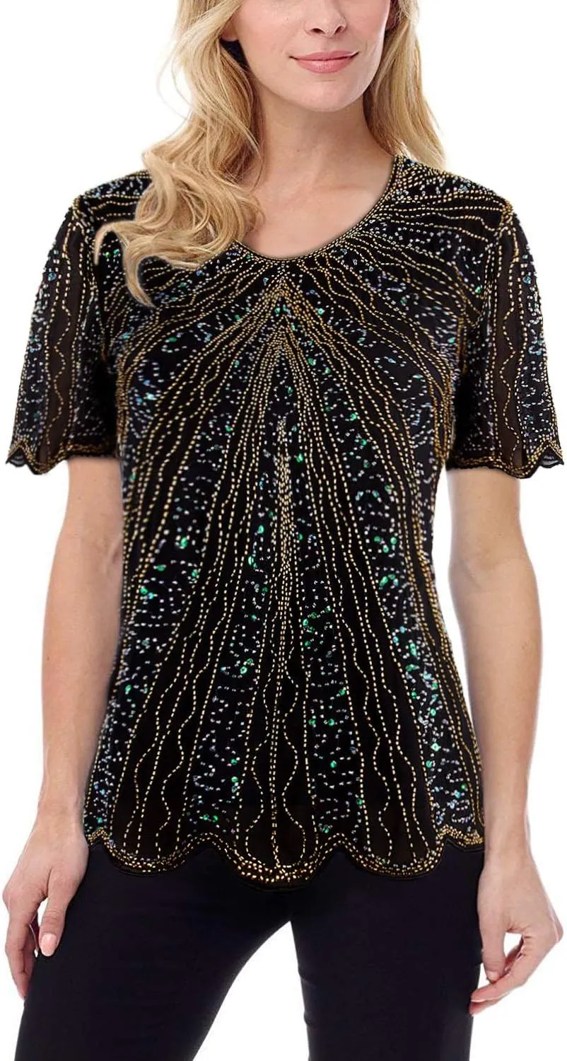 Vijiv Women's 1920s Vintage Beaded Evening Top Art Deco Scalloped Hem Sequin Embellished Blouse Tunic