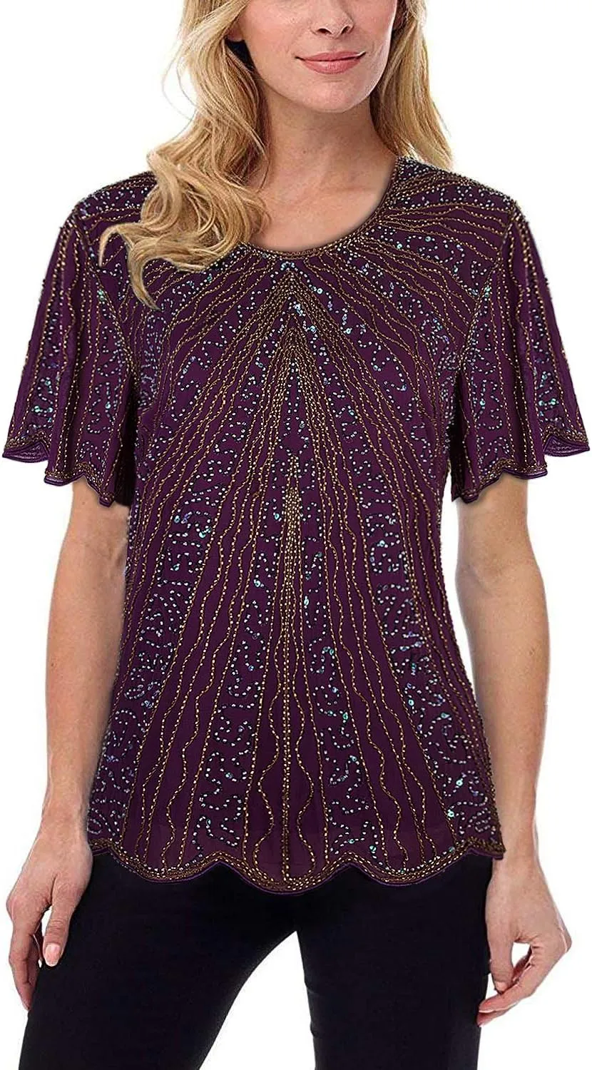 Vijiv Women's 1920s Vintage Beaded Evening Top Art Deco Scalloped Hem Sequin Embellished Blouse Tunic