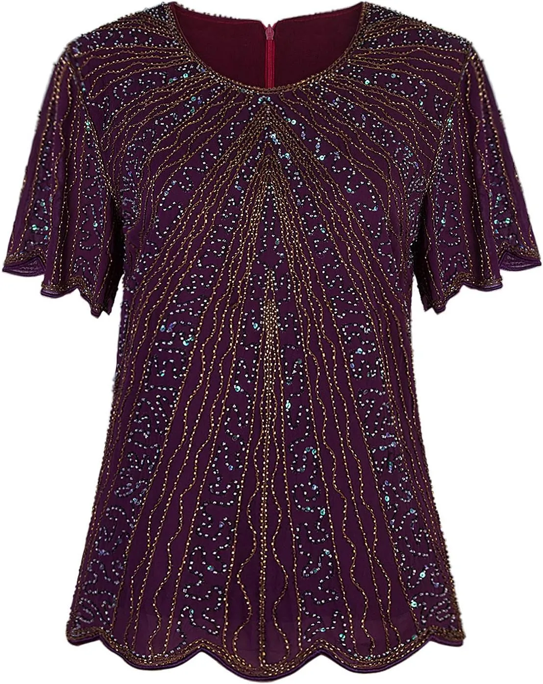 Vijiv Women's 1920s Vintage Beaded Evening Top Art Deco Scalloped Hem Sequin Embellished Blouse Tunic