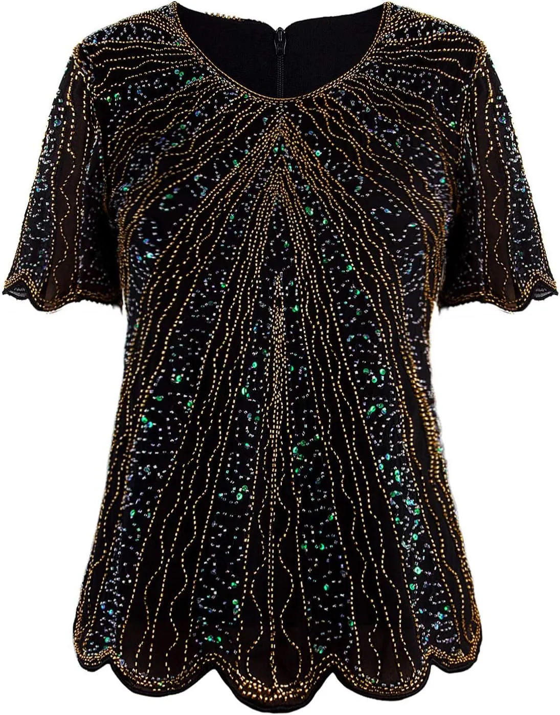 Vijiv Women's 1920s Vintage Beaded Evening Top Art Deco Scalloped Hem Sequin Embellished Blouse Tunic