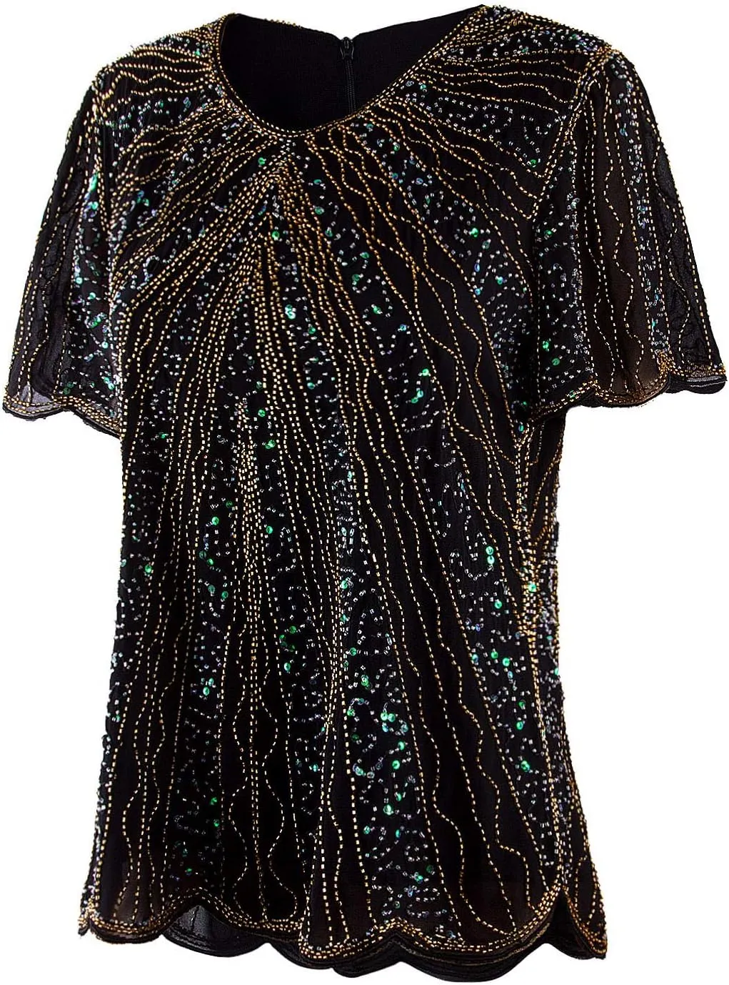 Vijiv Women's 1920s Vintage Beaded Evening Top Art Deco Scalloped Hem Sequin Embellished Blouse Tunic
