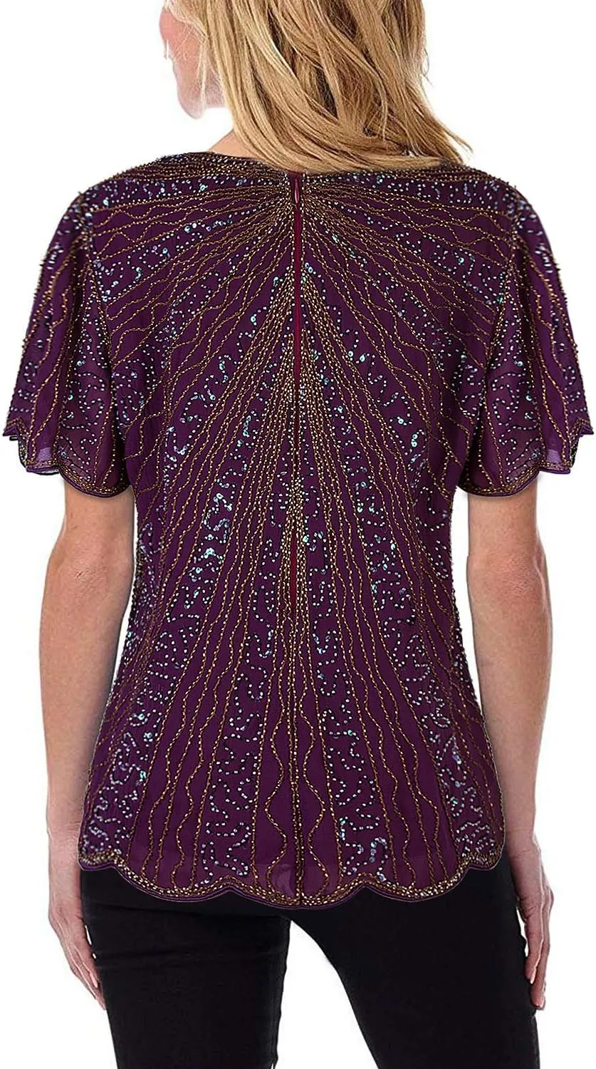 Vijiv Women's 1920s Vintage Beaded Evening Top Art Deco Scalloped Hem Sequin Embellished Blouse Tunic