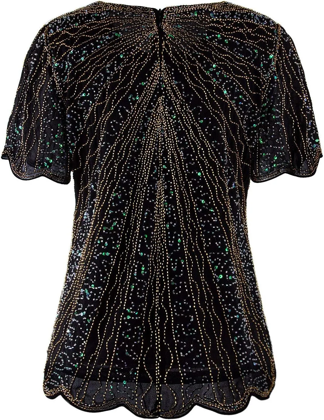 Vijiv Women's 1920s Vintage Beaded Evening Top Art Deco Scalloped Hem Sequin Embellished Blouse Tunic