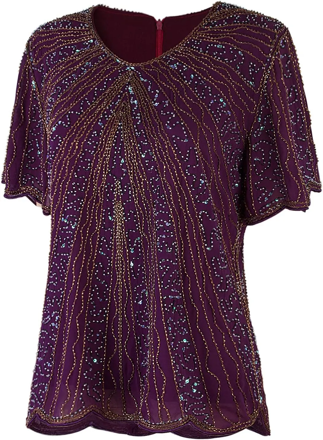 Vijiv Women's 1920s Vintage Beaded Evening Top Art Deco Scalloped Hem Sequin Embellished Blouse Tunic