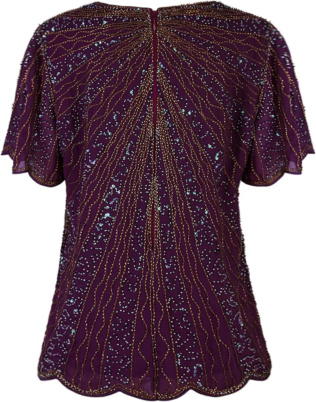 Vijiv Women's 1920s Vintage Beaded Evening Top Art Deco Scalloped Hem Sequin Embellished Blouse Tunic