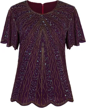 Vijiv Women's 1920s Vintage Beaded Evening Top Art Deco Scalloped Hem Sequin Embellished Blouse Tunic