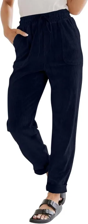 Vintage Corduroy Pants Women Casual Drawstring Elastic Waist Dress Pants Cozy Straight Leg Lounge Pants with Pockets