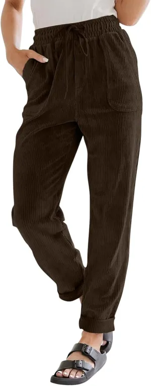 Vintage Corduroy Pants Women Casual Drawstring Elastic Waist Dress Pants Cozy Straight Leg Lounge Pants with Pockets