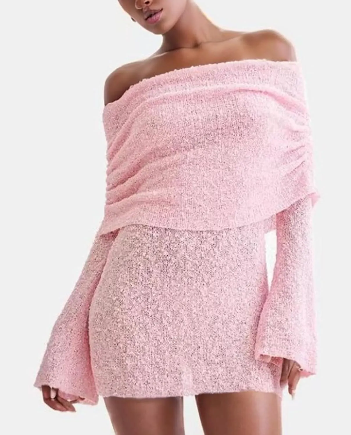 Voghtic Women's Sexy Off Shoulder Knit Crochet Mesh Mini Bodycon Dress Ruched Elegant Sweater Cocktail Party Dresses