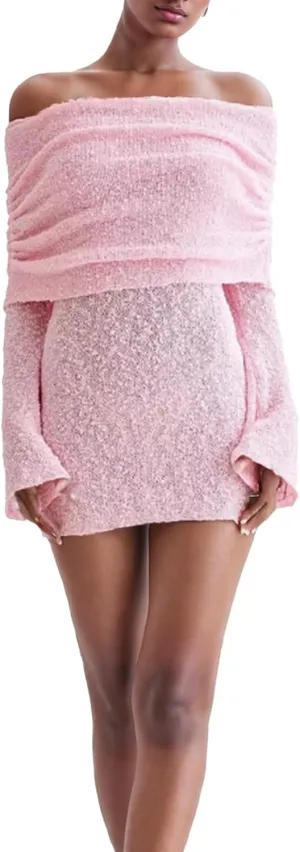 Voghtic Women's Sexy Off Shoulder Knit Crochet Mesh Mini Bodycon Dress Ruched Elegant Sweater Cocktail Party Dresses