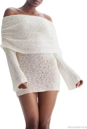 Voghtic Women's Sexy Off Shoulder Knit Crochet Mesh Mini Bodycon Dress Ruched Elegant Sweater Cocktail Party Dresses
