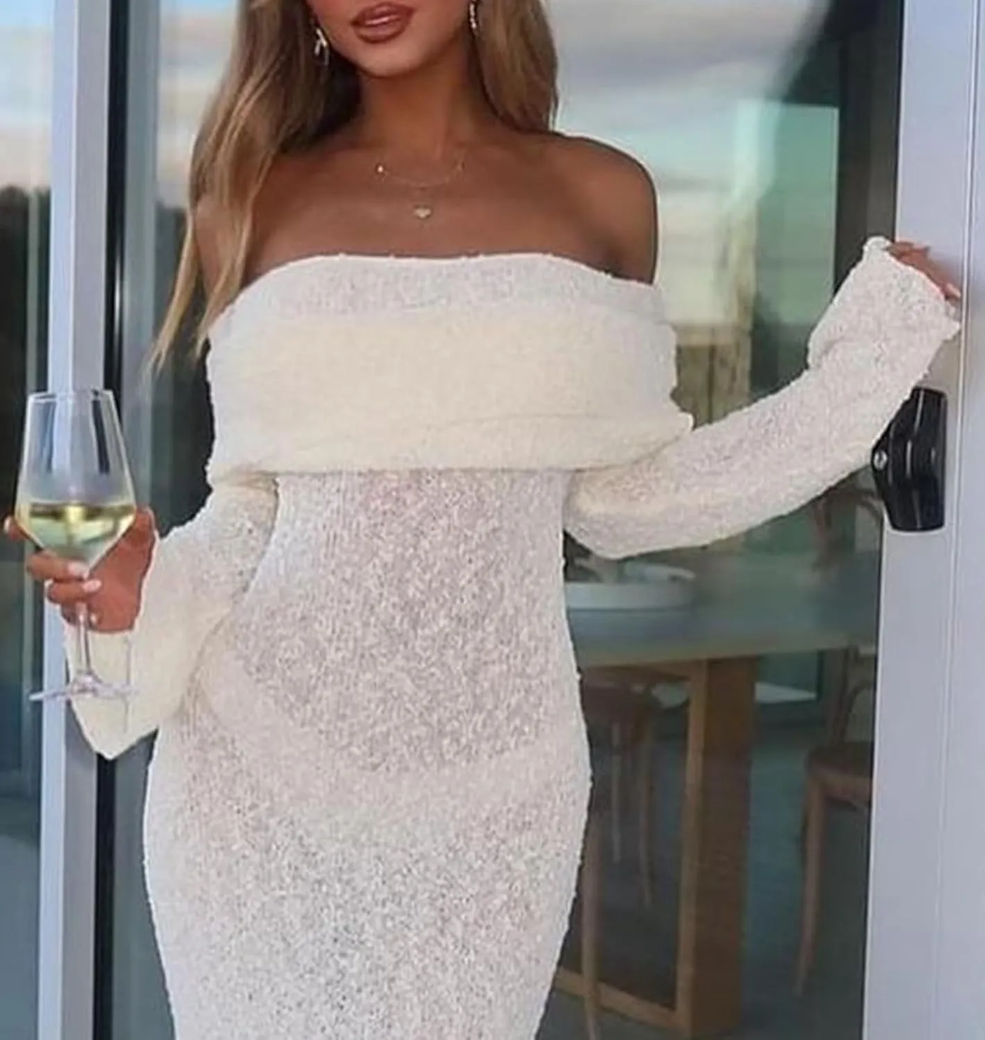 Voghtic Women's Sexy Off Shoulder Knit Crochet Mesh Mini Bodycon Dress Ruched Elegant Sweater Cocktail Party Dresses