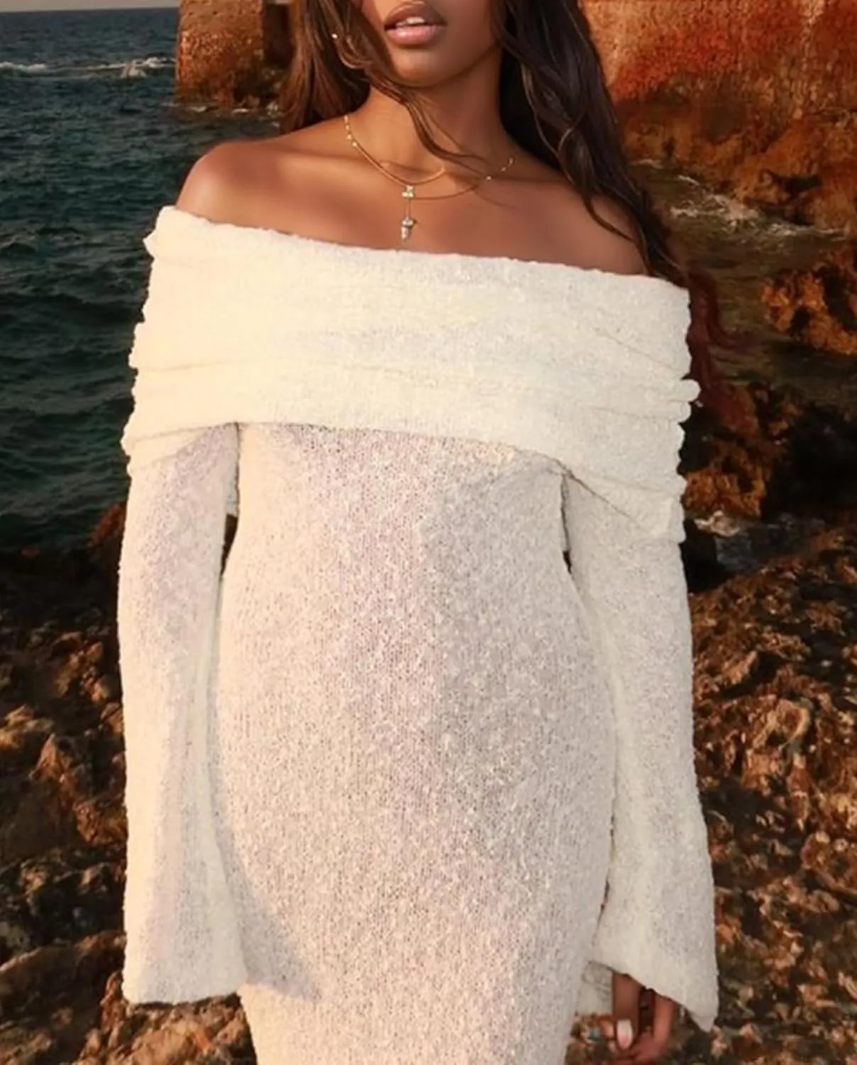 Voghtic Women's Sexy Off Shoulder Knit Crochet Mesh Mini Bodycon Dress Ruched Elegant Sweater Cocktail Party Dresses