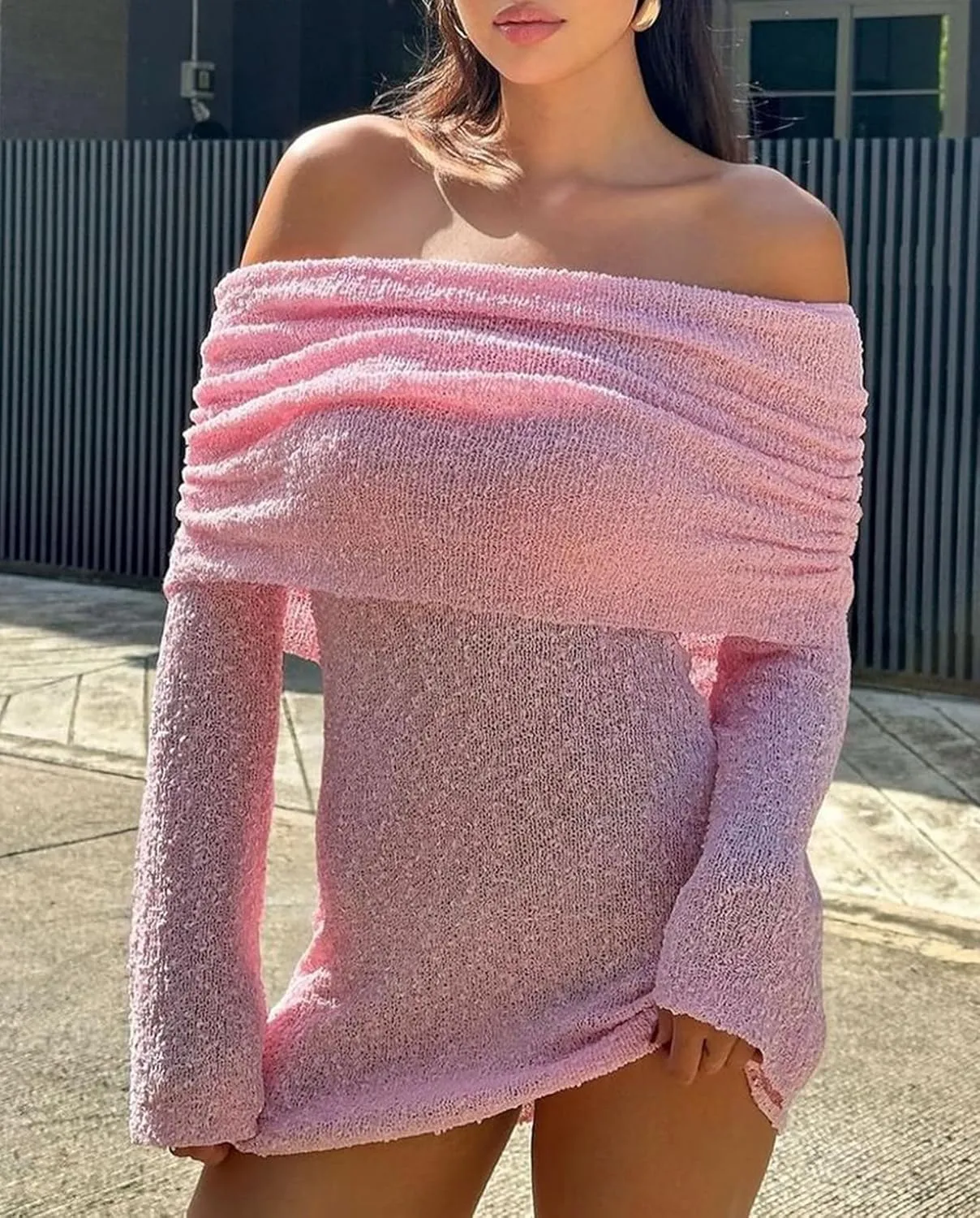 Voghtic Women's Sexy Off Shoulder Knit Crochet Mesh Mini Bodycon Dress Ruched Elegant Sweater Cocktail Party Dresses