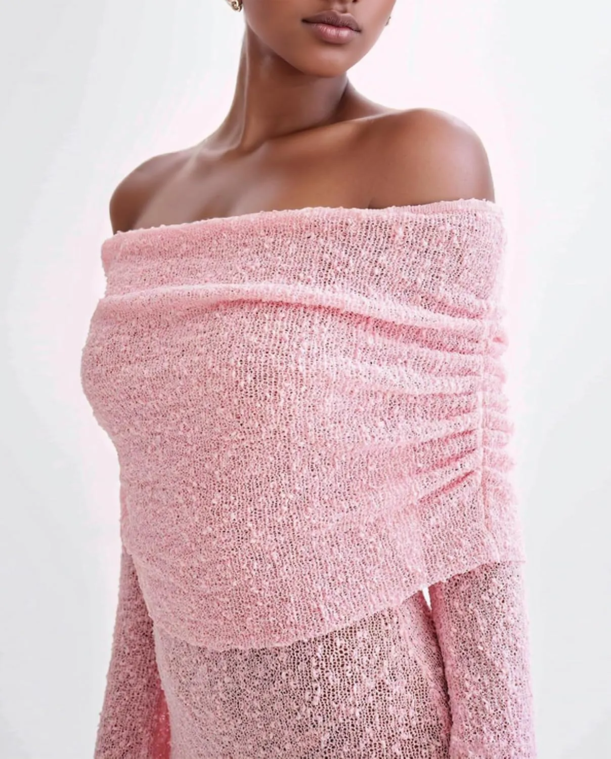 Voghtic Women's Sexy Off Shoulder Knit Crochet Mesh Mini Bodycon Dress Ruched Elegant Sweater Cocktail Party Dresses