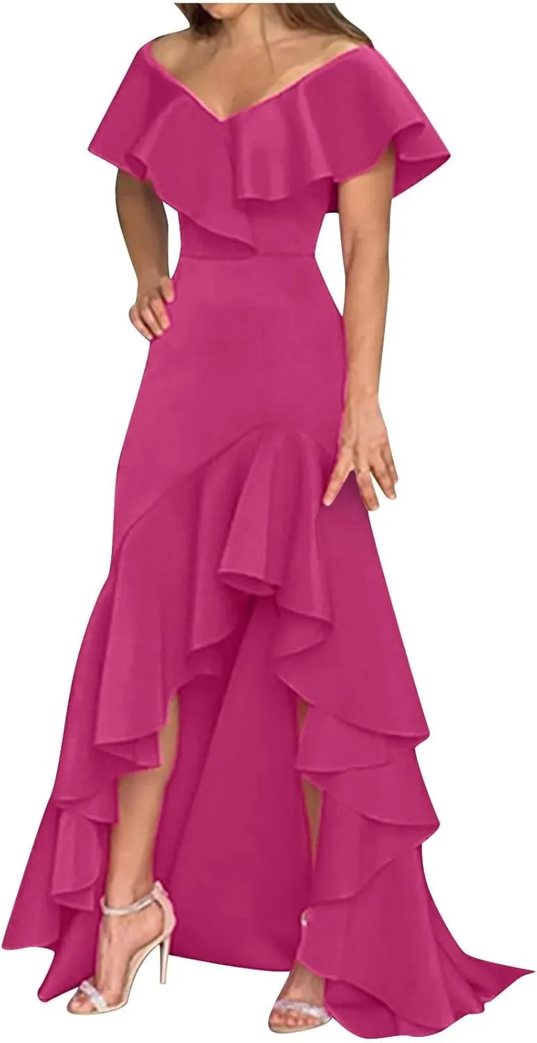 Wedding Guest Dresses for Women 2025 Elegant V Neck Ruffle Cocktail Dress Trendy Irregular Hem Maxi Formal Dress