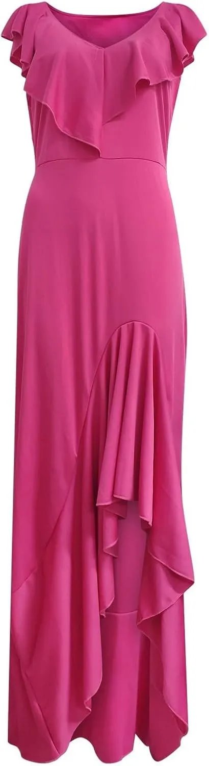 Wedding Guest Dresses for Women 2025 Elegant V Neck Ruffle Cocktail Dress Trendy Irregular Hem Maxi Formal Dress