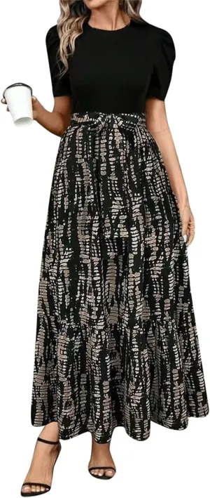 Wedding Guest Dresses for Women Summer Maxi Puff Sleeve Tie Waist Belted A Line Swing Dress Patchwork Frocks