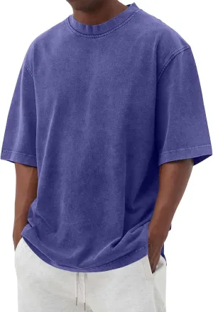 WENKOMG1 Mens Cotton Shirt Washed Crew Neck Casual Pullover Summer Short Sleeve Loose Fit Baggy Style Tee Shirts