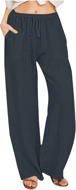 Wide Leg Cotton Linen Pants Women Summer 2025 Casual High Waisted Lounge Pants Beach Trousers Palazzo Sweatpants