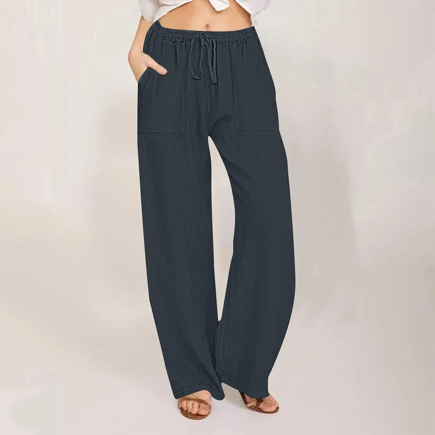 Wide Leg Cotton Linen Pants Women Summer 2025 Casual High Waisted Lounge Pants Beach Trousers Palazzo Sweatpants