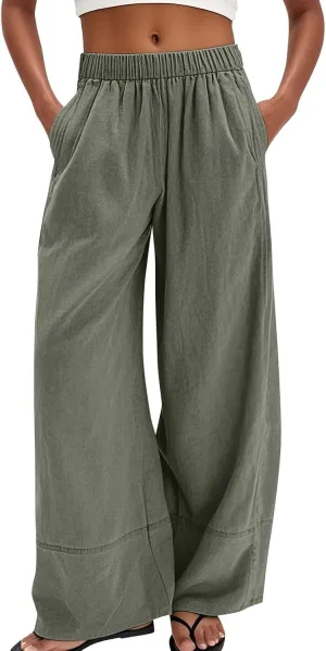 Wide Leg Linen Pants for Women Baggy Lightweight Palazzo Pants with Pockets Summer High Waist Flowy Casual Trousers