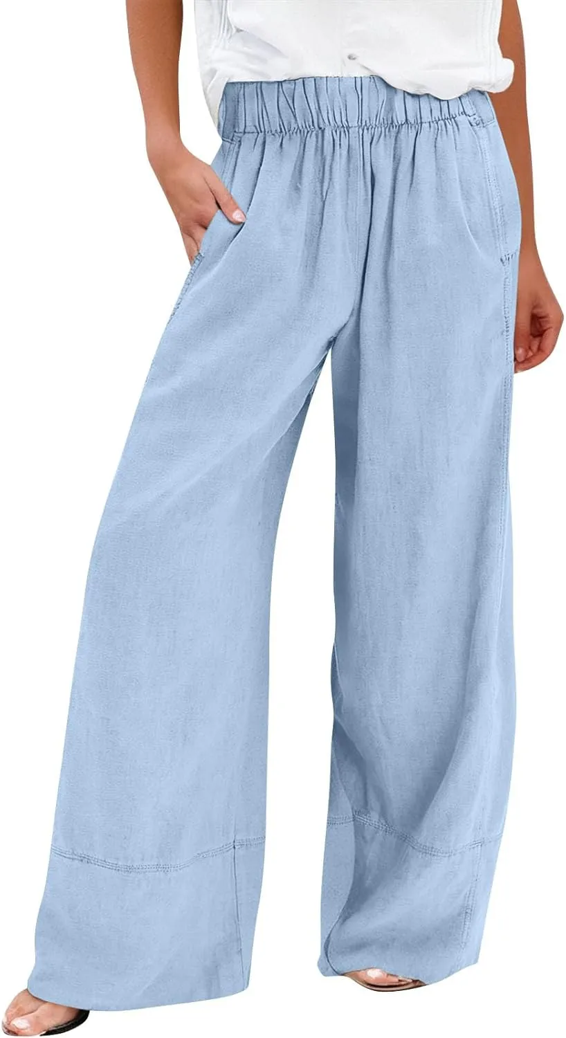 Wide Leg Linen Pants for Women Baggy Lightweight Palazzo Pants with Pockets Summer High Waist Flowy Casual Trousers