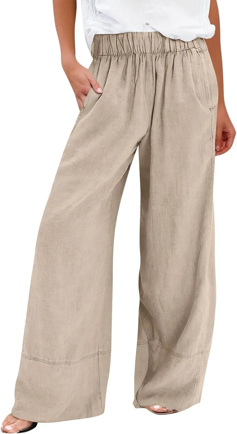 Wide Leg Linen Pants for Women Baggy Lightweight Palazzo Pants with Pockets Summer High Waist Flowy Casual Trousers