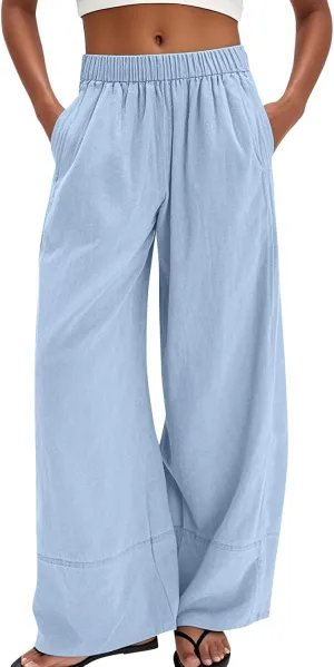 Wide Leg Linen Pants for Women Baggy Lightweight Palazzo Pants with Pockets Summer High Waist Flowy Casual Trousers