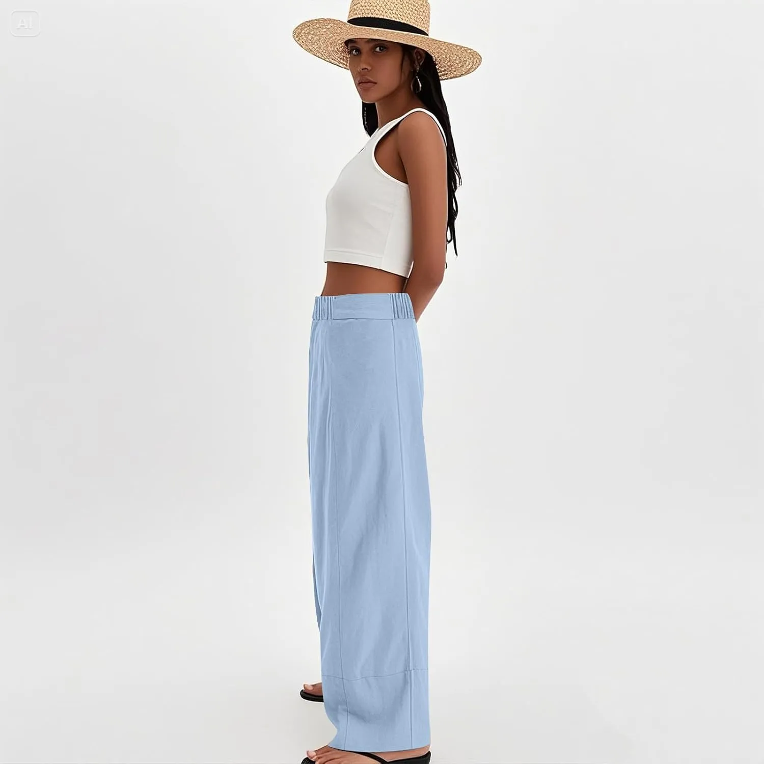 Wide Leg Linen Pants for Women Baggy Lightweight Palazzo Pants with Pockets Summer High Waist Flowy Casual Trousers