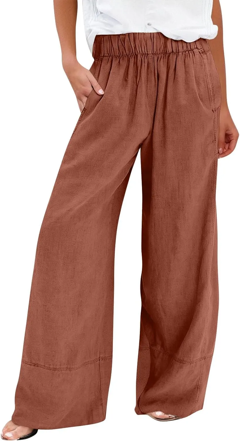 Wide Leg Linen Pants for Women Baggy Lightweight Palazzo Pants with Pockets Summer High Waist Flowy Casual Trousers