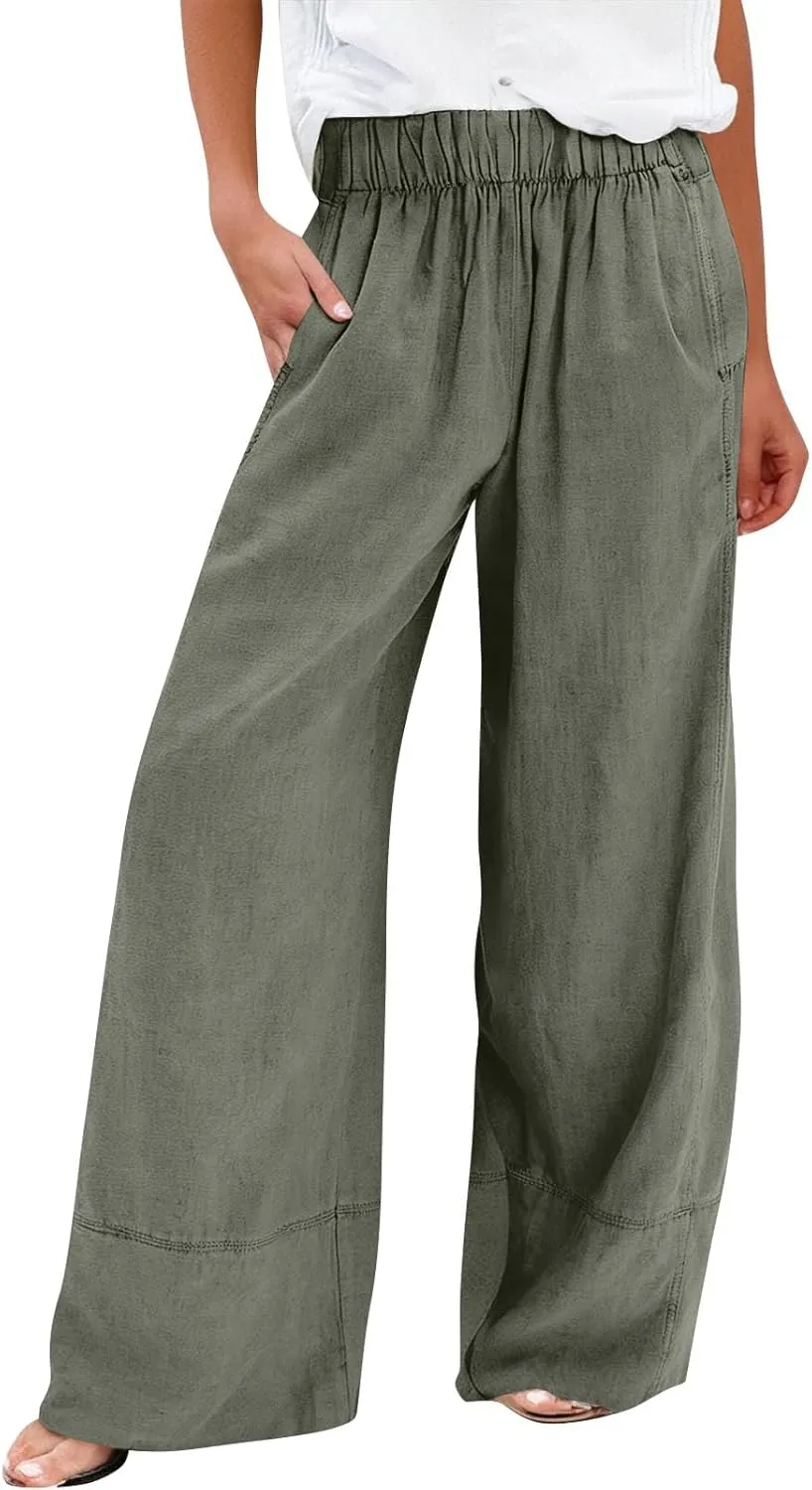 Wide Leg Linen Pants for Women Baggy Lightweight Palazzo Pants with Pockets Summer High Waist Flowy Casual Trousers