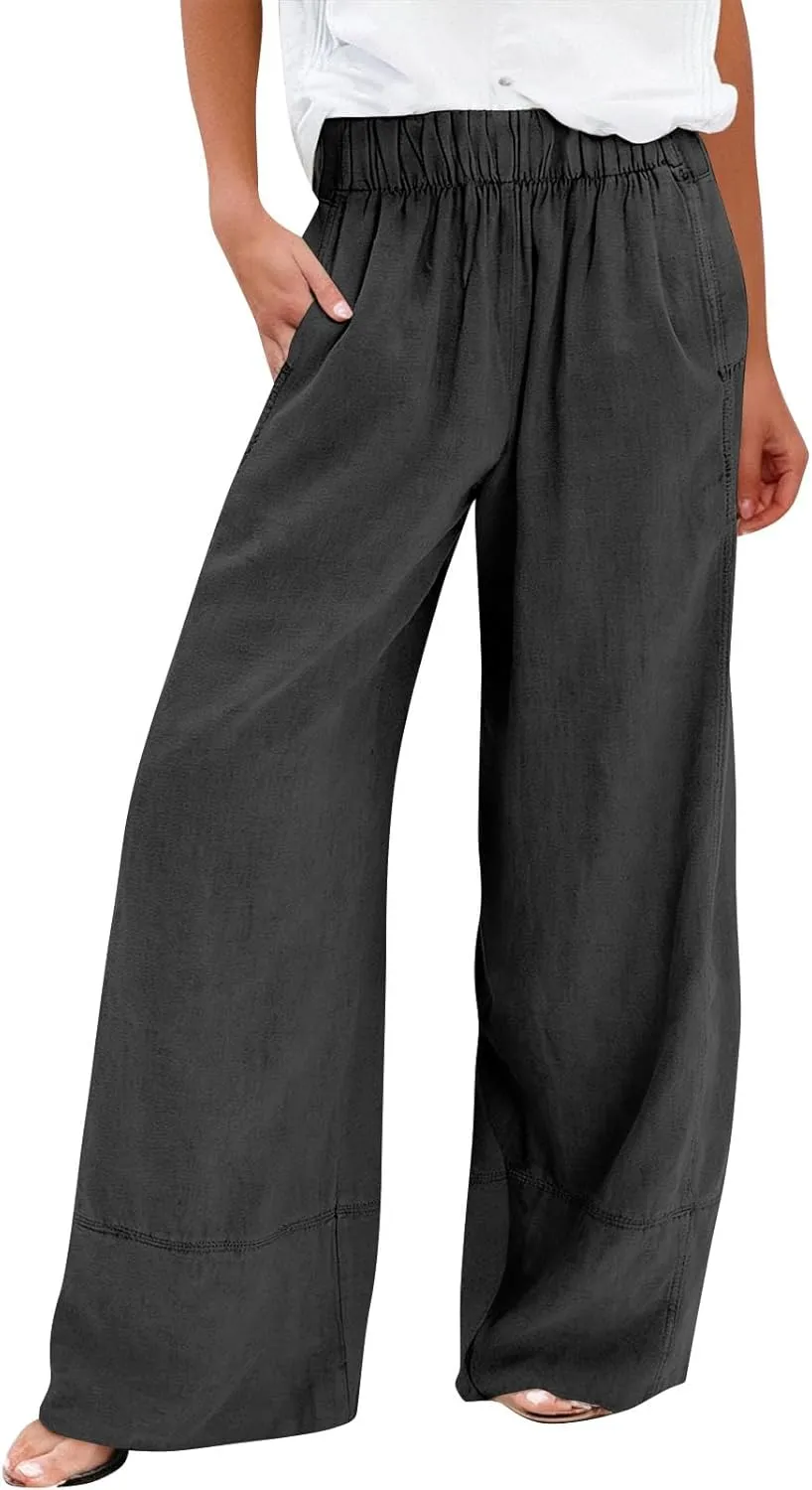 Wide Leg Linen Pants for Women Baggy Lightweight Palazzo Pants with Pockets Summer High Waist Flowy Casual Trousers