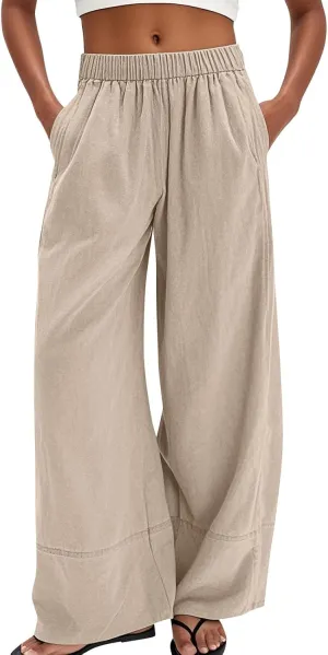 Wide Leg Linen Pants for Women Baggy Lightweight Palazzo Pants with Pockets Summer High Waist Flowy Casual Trousers