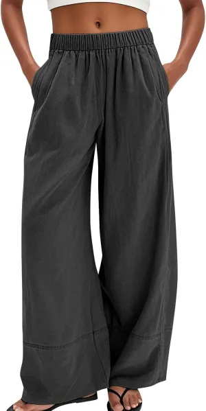 Wide Leg Linen Pants for Women Baggy Lightweight Palazzo Pants with Pockets Summer High Waist Flowy Casual Trousers