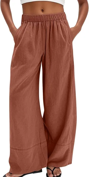 Wide Leg Linen Pants for Women Baggy Lightweight Palazzo Pants with Pockets Summer High Waist Flowy Casual Trousers