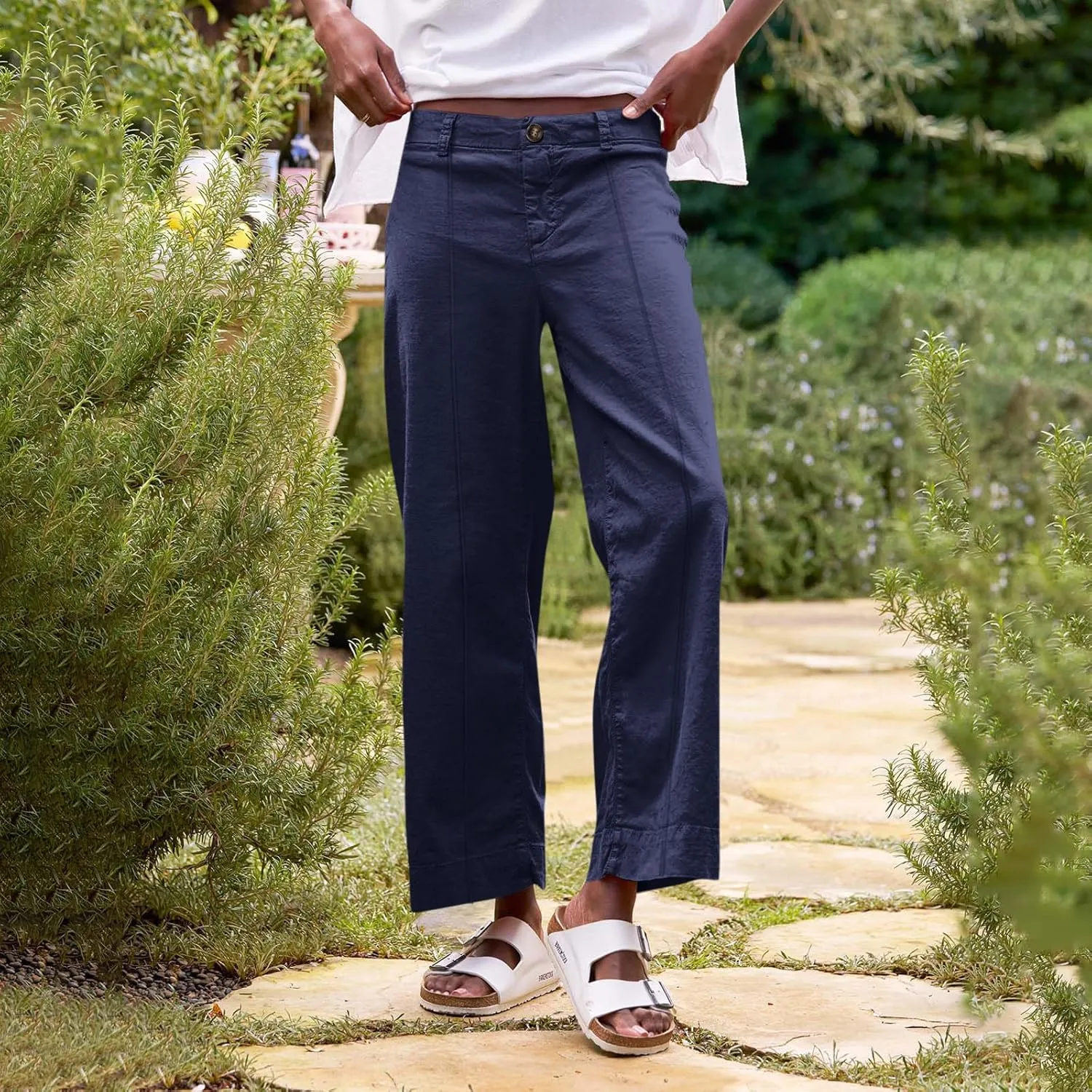 Wide Leg Linen Pants for Women Comfy Elastic Waist Dress Pants Summer Business Casual Palazzo Pants with Pockets