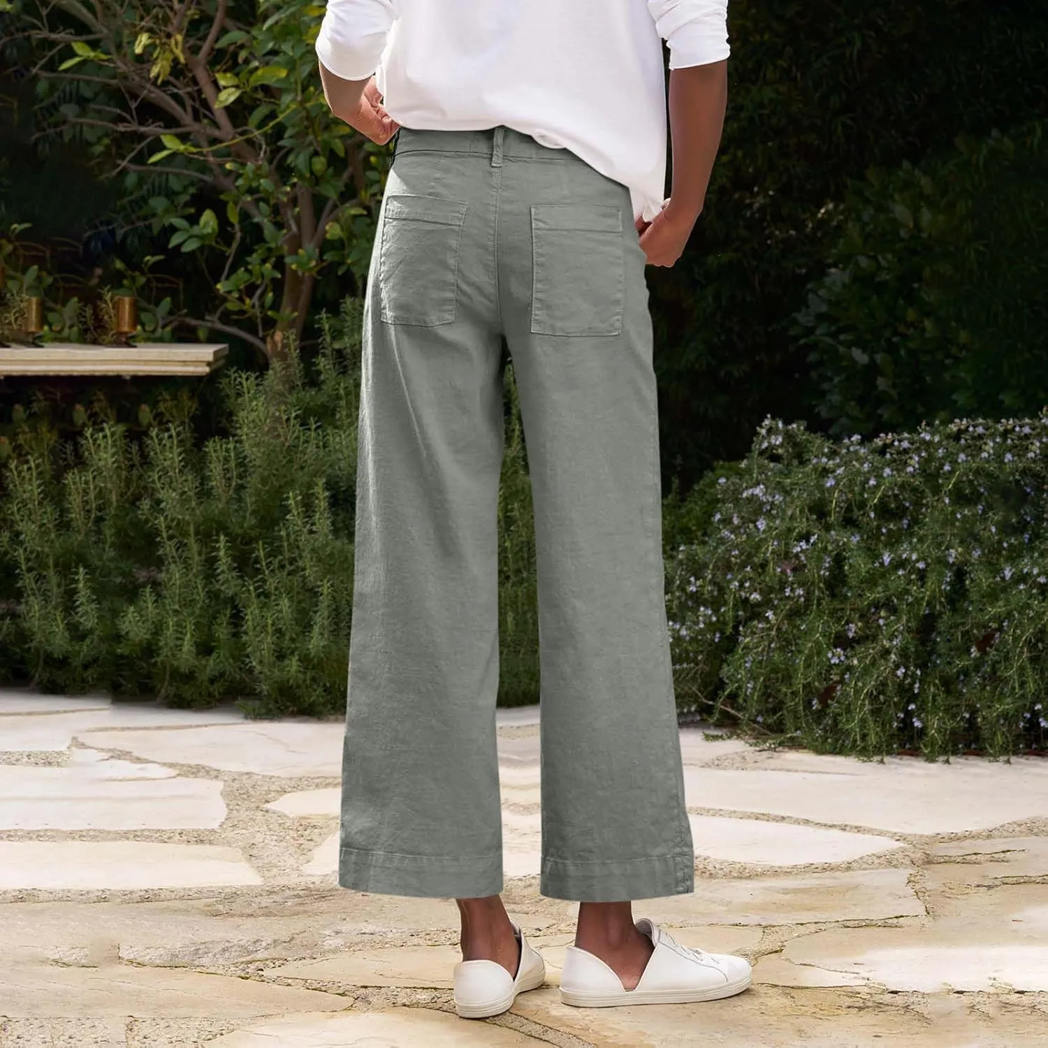 Wide Leg Linen Pants for Women Comfy Elastic Waist Dress Pants Summer Business Casual Palazzo Pants with Pockets