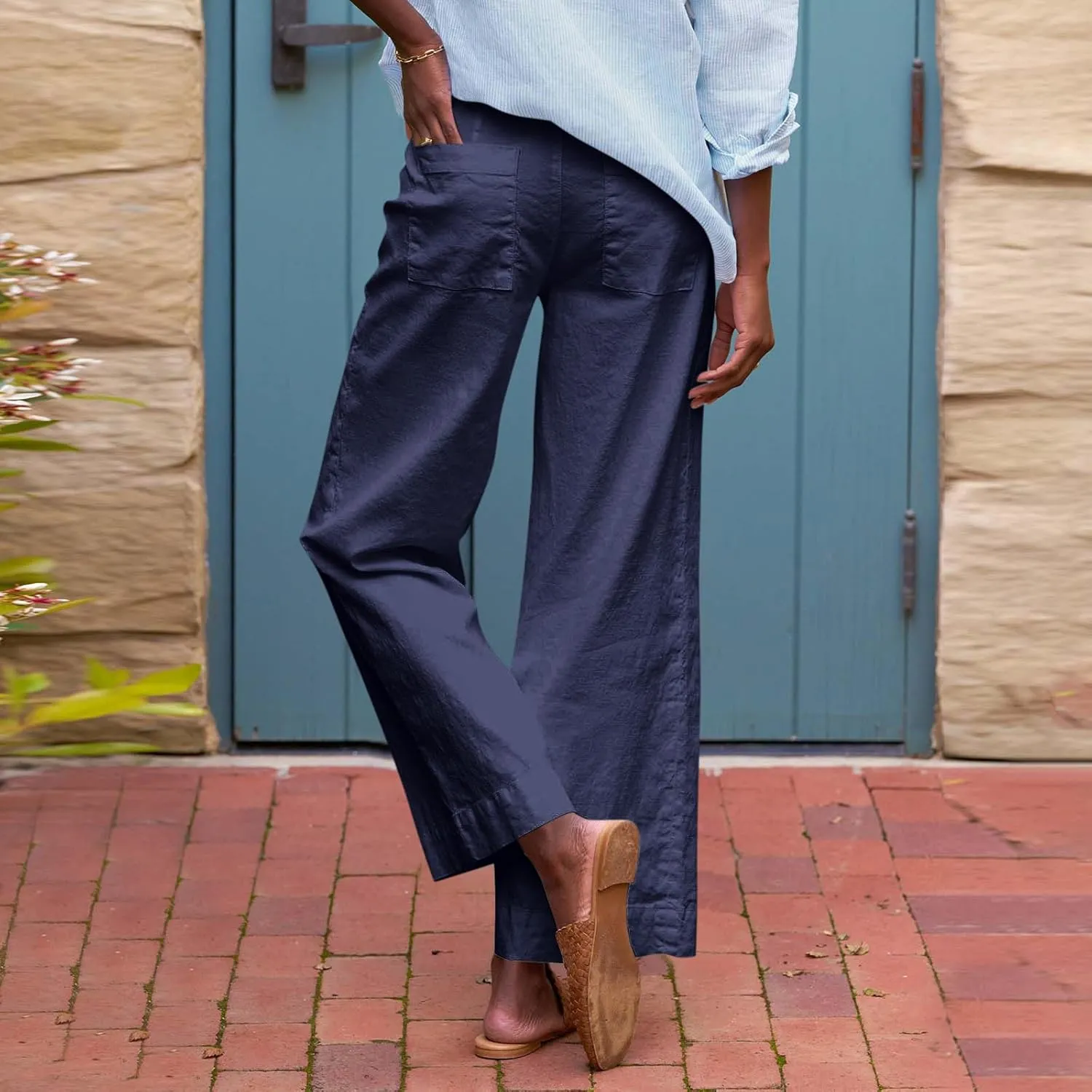 Wide Leg Linen Pants for Women Comfy Elastic Waist Dress Pants Summer Business Casual Palazzo Pants with Pockets