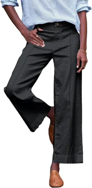 Wide Leg Linen Pants for Women Comfy Elastic Waist Dress Pants Summer Business Casual Palazzo Pants with Pockets