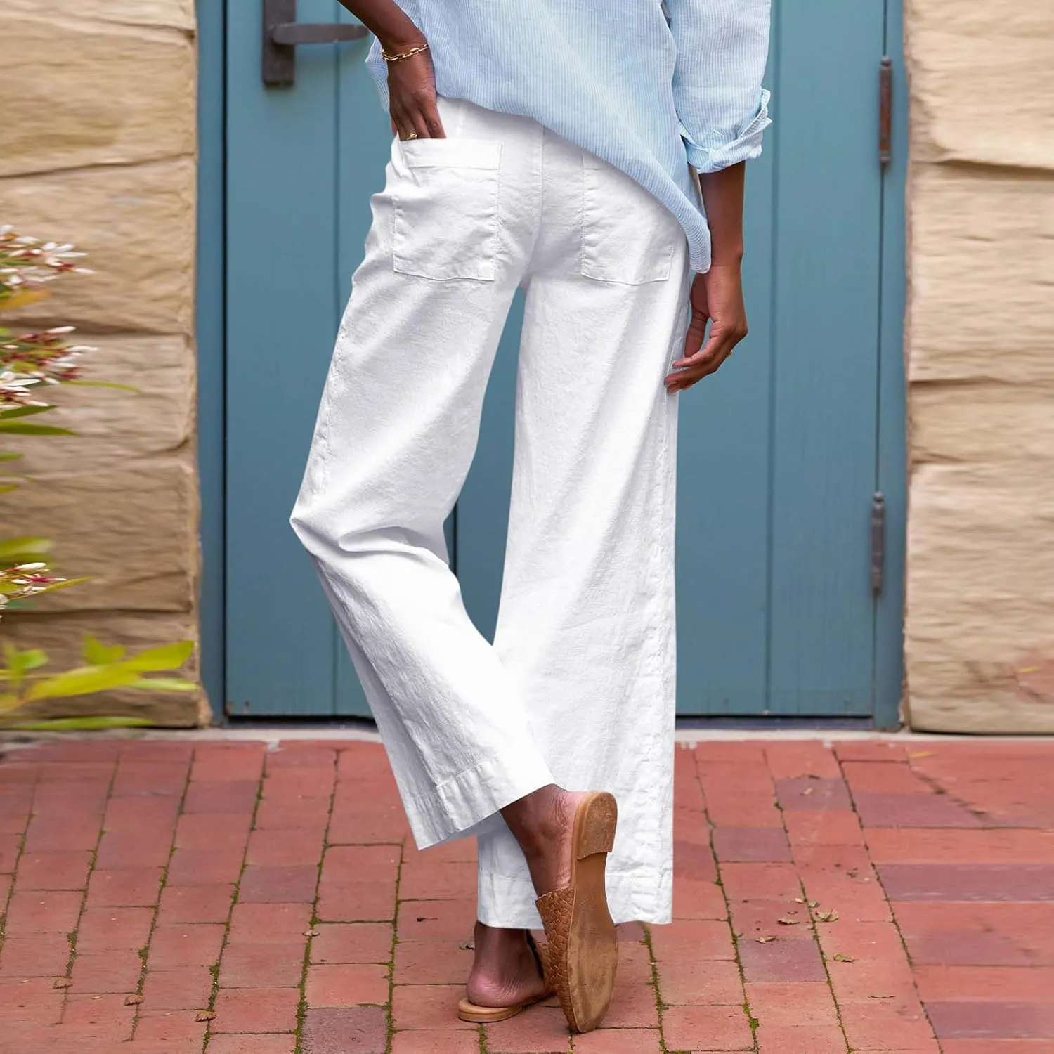 Wide Leg Linen Pants for Women Comfy Elastic Waist Dress Pants Summer Business Casual Palazzo Pants with Pockets