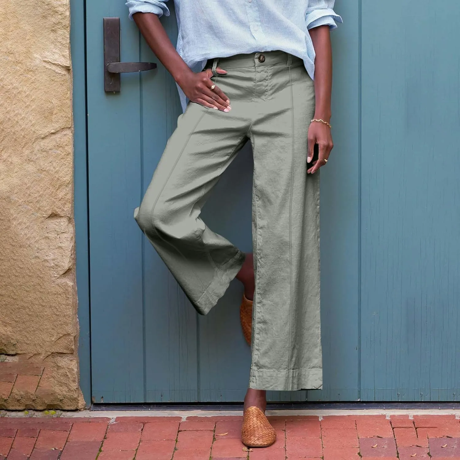 Wide Leg Linen Pants for Women Comfy Elastic Waist Dress Pants Summer Business Casual Palazzo Pants with Pockets