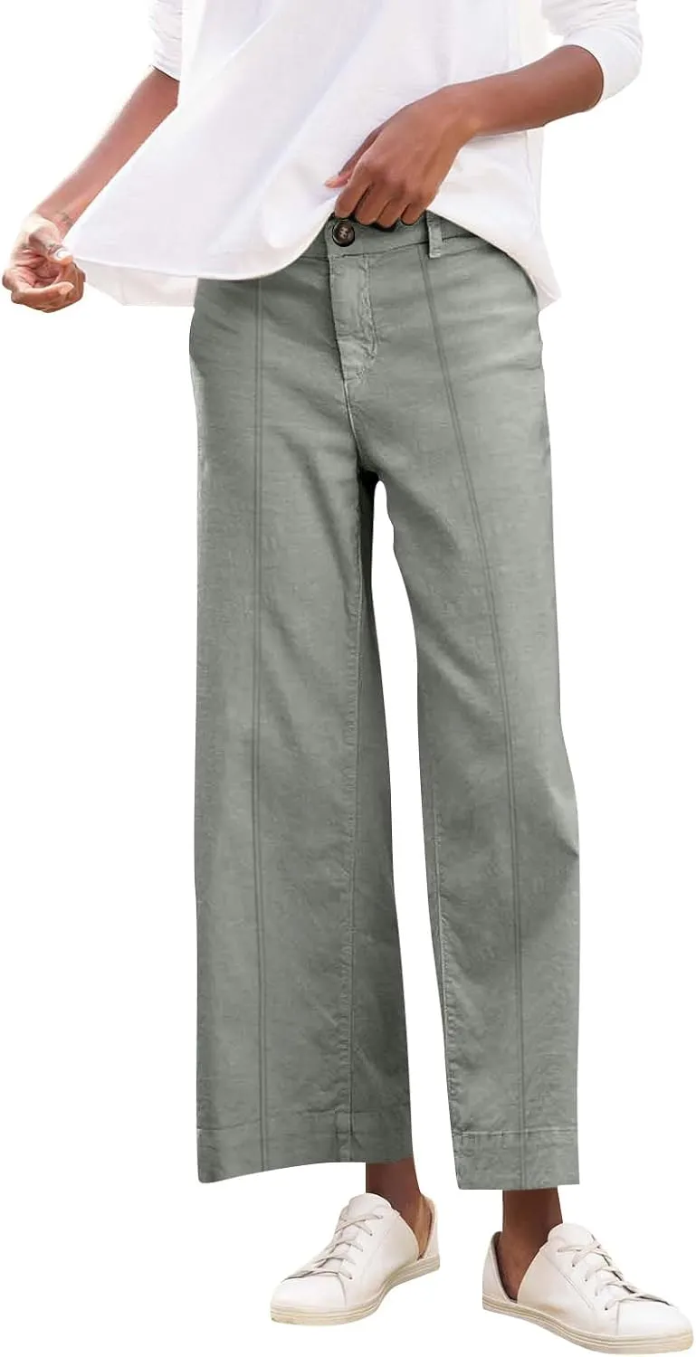 Wide Leg Linen Pants for Women Comfy Elastic Waist Dress Pants Summer Business Casual Palazzo Pants with Pockets
