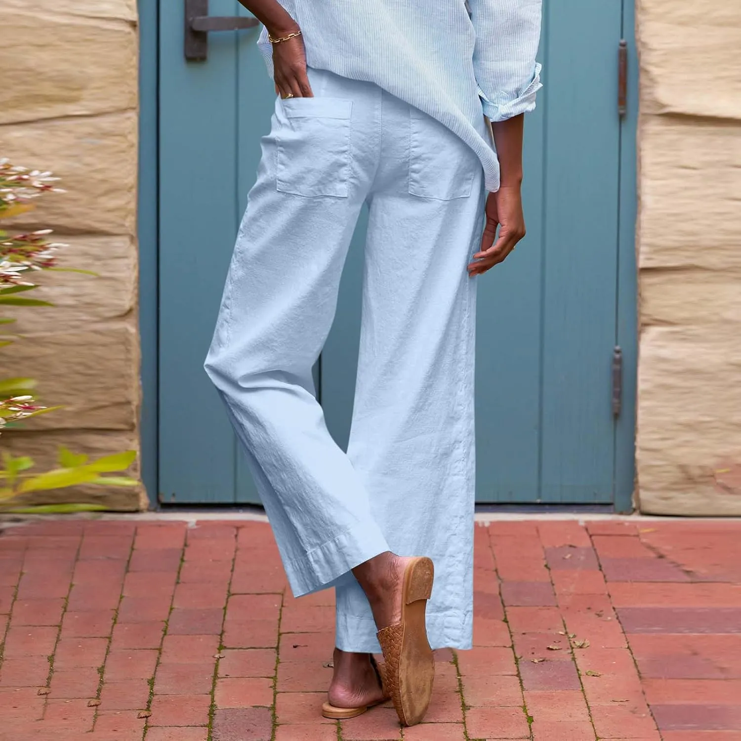 Wide Leg Linen Pants for Women Comfy Elastic Waist Dress Pants Summer Business Casual Palazzo Pants with Pockets