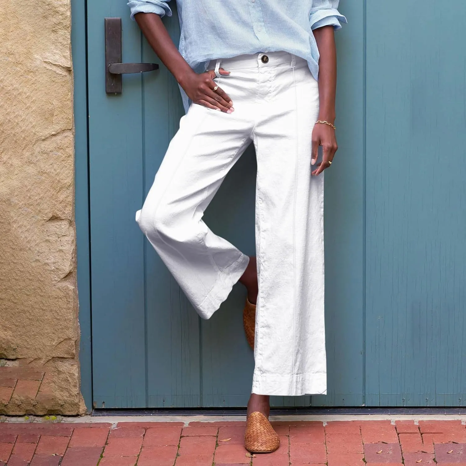 Wide Leg Linen Pants for Women Comfy Elastic Waist Dress Pants Summer Business Casual Palazzo Pants with Pockets